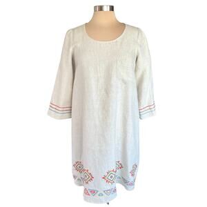 Ivy Jane Linen Shift Dress Beige Embroidery Embellished SMALL Vacation Summer